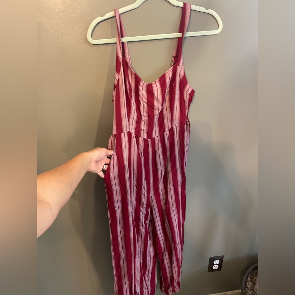 American Eagle maroon and white striped jumpsuit spaghetti straps size small